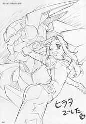  bodysuit darry_adai female grapearl graphite_(medium) greyscale imageboard_desourced long_hair mecha monochrome non-web_source official_art one_eye_closed robot scan smile solo tengen_toppa_gurren_lagann traditional_media 