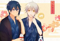  2boys blue_eyes blue_hair bottle commentary_request egasumi food food_on_face japanese_clothes male_focus mikazuki_munechika milk_bottle milk_mustache multiple_boys open_mouth smile speech_bubble touken_ranbu translation_request tsurumaru_kuninaga white_hair yellow_eyes yori_(y_rsy) 