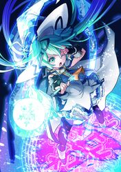  778-go bad_id bad_pixiv_id chestnut_mouth female fingerless_gloves gloves green_eyes green_hair hat hatsune_miku highres long_hair magic_circle one_eye_closed open_mouth pantyhose skirt snowflakes solo suki!_yuki!_maji_magic_(vocaloid) twintails vocaloid wand witch_hat yuki_miku yuki_miku_(2014) 