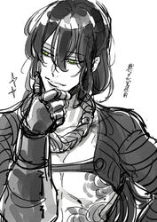  1boy bare_pectorals commentary_request fate/grand_order fate_(series) finger_to_own_chin flower_tattoo green_eyes greyscale hand_on_own_chin kogashirou lips long_hair looking_to_the_side male_focus messy_hair monochrome pectorals shrug_(clothing) simple_background solo spot_color stroking_own_chin tattoo white_background yan_qing_(fate) 