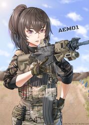  absurdres assault_rifle brown_hair camouflage commentary dancing_wolf day english_commentary female flashlight gloves gun highres holding holding_gun holding_weapon laser_sight load_bearing_vest m4_carbine magazine_(weapon) military_uniform motion_blur original outdoors ponytail purple_eyes reloading rifle scar scar_on_cheek scar_on_face shooting_range solo trigger_discipline uniform watermark weapon 