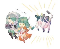  2girls animal blue_hair bovine chasing chibi commentary_request fire_emblem fire_emblem_fates japanese_clothes mitama_(fire_emblem) multiple_girls running setsuna_(fire_emblem) shourou_kanna simple_background sweat sweatdrop twintails white_background 