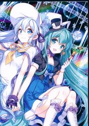  2girls absurdres beamed_eighth_notes blue_eyes blue_hair blush boots bow bowtie breasts cape card_in_hat collarbone diffraction_spikes dress eighth_note fingerless_gloves gloves green_eyes green_hair hat hatsune_miku highres holding jacket juliet_sleeves knee_boots long_hair long_sleeves looking_at_viewer magical_mirai_(vocaloid) magical_mirai_miku magical_mirai_miku_(2013) medium_breasts mini_hat multiple_girls musical_note nardack open_clothes open_jacket puffy_sleeves quarter_note rabbit_yukine scan short_dress short_sleeves sitting snowflake_hat_ornament staff_(music) star_(symbol) suki!_yuki!_maji_magic_(vocaloid) twintails very_long_hair vocaloid wand white_footwear white_gloves witch_hat yuki_miku yuki_miku_(2014) 