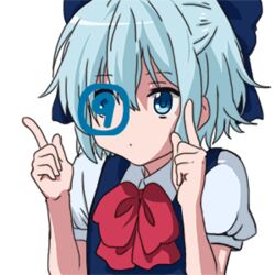  animated animated blue_bow blue_eyes blue_hair bow chuunibyou_demo_koi_ga_shitai! circled_9 cirno dress dress_shirt eyepatch female hairbow looping_animation lowres parody pointing puffy_short_sleeves puffy_sleeves red_ribbon ribbon shirt short_hair short_sleeves simple_background solo sparkling_daydream touhou upper_body white_background white_shirt 