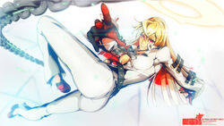  ahoge arc_system_works ass blonde_hair bodysuit breasts chains enkirnd female gloves guilty_gear guilty_gear_xrd guilty_gear_xrd:_revelator halo jack-o_(guilty_gear) long_hair looking_at_viewer multicolored_hair pantylines red_eyes red_hair shiny shiny_clothes shiny_hair skin_tight smile solo very_long_hair 