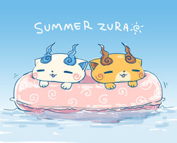  abbreviated_karakusa blue_background blush brothers chuno closed_eyes commentary_request innertube komajirou komasan no_humans photoshop_(medium) romaji_text siblings summer swim_ring water youkai_(youkai_watch) youkai_watch 