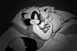  afterglow anthro bed bobsheaux_(artist) closed_eyes cuddling duo felid female furniture hug hybrid male mammal mephitid monochrome nude pantherine pillow procyonid raccoon richard_conrad romantic romantic_couple sabrina_online skunk sleeping tiger zig_zag 