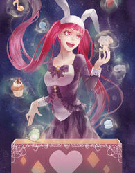  animal_hood bleach box bubble commentary dokugamine_riruka eighth_note english_commentary female folie_(cac82622) food hood jellyfish long_hair muffin musical_note open_mouth rabbit_hood red_eyes red_hair sky smile solo star_(sky) starry_sky sweets twintails very_long_hair 