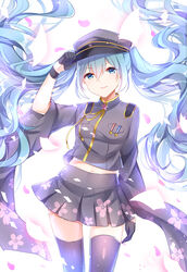  absurdres aqua_eyes aqua_hair chinese_commentary chuor_(chuochuoi) commentary_request cowboy_shot female furisode_sleeves gloves hat hatsune_miku highres long_hair looking_at_viewer midriff_peek peaked_cap petals photoshop_(medium) revision senbonzakura_(vocaloid) solo thighhighs twintails very_long_hair vocaloid zettai_ryouiki 