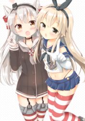  2girls :o amatsukaze_(kancolle) anchor_hair_ornament black_panties blonde_hair blue_skirt blush choker commentary_request elbow_gloves garter_straps gloves hair_ornament hairband kantai_collection long_hair looking_at_viewer multiple_girls navel open_mouth panties school_uniform serafuku shimakaze_(kancolle) simple_background skirt striped_clothes striped_thighhighs thighhighs underwear white_background white_gloves white_hair yoshikita_popuri 