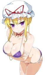  bad_id bad_twitter_id bikini blonde_hair blush breast_hold breasts choker cleavage female greatmosu hat large_breasts long_hair looking_at_viewer marisa_to_alice_no_cookie_storia purple_bikini purple_eyes ribbon_choker side-tie_bikini_bottom simple_background smile solo standing swimsuit touhou white_background yakumo_yukari 