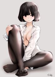  arm_support artist_name bad_id bad_twitter_id black_hair black_pantyhose blunt_bangs bob_cut breasts cleavage commentary_request dress_shirt female full_body grey_background highres indian_style large_breasts leg_grab light_frown no_bra open_clothes open_shirt original pantyhose shirt short_hair signature simple_background sitting solo souryu white_shirt 