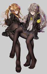  2girls armband black_bow black_jacket black_pantyhose black_ribbon black_skirt bow brown_eyes brown_hair commentary crossed_bangs feet fingerless_gloves girls&#039;_frontline gloves grey_hair hair_between_eyes hair_ornament hairclip hand_up highres hood hood_down hooded_jacket jacket legs long_hair looking_at_viewer multiple_girls no_shoes one_side_up open_clothes open_jacket pantyhose pirapirapirapira pout red_eyes ribbon scar scar_across_eye scar_on_face shirt simple_background skirt smile soles ump45_(girls&#039;_frontline) ump9_(girls&#039;_frontline) white_shirt yellow_armband 