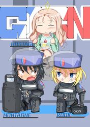  3girls ^_^ absurdres andou_(girls_und_panzer) anger_vein angry armor ballistic_shield bc_freedom_(emblem) black_footwear black_hair black_hat black_jacket black_pants blonde_hair blue_eyes body_armor boots brown_eyes brown_footwear brown_skirt cake casual character_name chest_protector chibi clenched_teeth closed_eyes closed_mouth commentary_request dark-skinned_female dark_skin drill_hair eating emblem english_text eye_contact faceplate food french_flag frown gauntlets gign girls_und_panzer glaring green_shirt grimace hat helmet highres holding jacket kshimu letter long_hair long_sleeves looking_at_another looking_to_the_side marie_(girls_und_panzer) messy_hair montagne_(rainbow_six_siege) multiple_girls oerba_yun_fang on_one_knee open_mouth oshida_(girls_und_panzer) pants pauldrons plate raglan_sleeves rainbow_six_siege rook_(rainbow_six_siege) shield shirt shoulder_armor sitting skirt smile tactical_clothes teeth utensil_in_mouth 