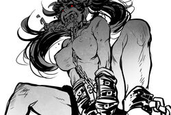  biting black_sclera bound bound_wrists breasts buckle chains colored_sclera commentary_request cuffs female greyscale high_ponytail knees kogashirou long_hair looking_at_viewer monochrome mouth_hold nipples original ponytail red_eyes restrained shackles simple_background solo spot_color thighs white_background 