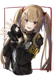  armband black_jacket bow commentary_request female fingerless_gloves girls&#039;_frontline gloves hair_between_eyes hair_ornament hairclip hands_up highres hood hood_down hooded_jacket jacket light_brown_hair long_hair looking_at_viewer open_clothes open_jacket open_mouth pirapirapirapira red_bow red_eyes red_ribbon ribbon scar scar_across_eye scar_on_face solo twintails ump9_(girls&#039;_frontline) yellow_armband 