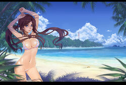  arms_up beach bikini blue_eyes blurry breasts brown_hair cleavage cloud commentary_request crab day depth_of_field female hair_ornament karanak large_breasts letterboxed lips long_hair navel original outdoors palm_tree panties panty_pull photoshop_(medium) revision scenery sky solo swimsuit tree twintails underwear water 