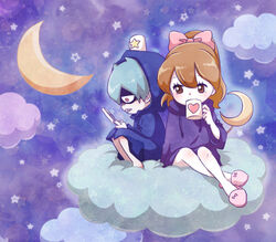  1boy brown_hair chuno cloud commentary_request crescent crescent_moon cup drinking female green_hair handheld_game_console high_ponytail hood kodama_fumika long_hair moon mug nintendo_3ds photoshop_(medium) sitting slippers star_(symbol) tail tetsuya_(youkai_watch) youkai_(youkai_watch) youkai_watch 