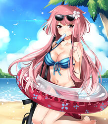  anti-materiel_rifle bad_id bad_pixiv_id bare_shoulders beach bikini bird breasts cloud collarbone day eyewear_on_head female flower food food_in_mouth girls&#039;_frontline gun hair_flower hair_ornament innertube kneeling lens_flare long_hair looking_at_viewer medium_breasts mouth_hold navel ntw-20 ntw-20_(girls&#039;_frontline) ntw-20_(op._blazing_sun)_(girls&#039;_frontline) ocean official_alternate_costume outdoors palm_tree photoshop_(medium) pink_eyes pink_hair popsicle rifle sand sarong sky sniper_rifle solo sunglasses swim_ring swimsuit tree water weapon yasuna_(nanjiang) 