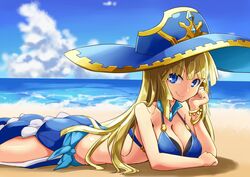  awilda_(p&amp;d) beach bikini blonde_hair blue_bikini blue_eyes blue_sky bracelet breasts cleavage cloud commentary_request day female hand_on_own_cheek hand_on_own_face hat jewelry large_breasts long_hair memento_vivi mole mole_under_eye ocean outdoors puzzle_&amp;_dragons sarong shadow sky smile solo sun_hat swimsuit water 