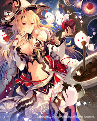  bad_id bad_pixiv_id blonde_hair blush breasts chocolate cleavage female ghost hat large_breasts long_hair looking_at_viewer midriff navel nekonabe_ao open_mouth red_eyes solo tenkuu_no_crystalia valentine witch_hat 