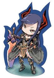  blue_hair blush blush_stickers capcom female female goa_magara_(armor) ham_(points) horns lea_(monster_hunter) long_hair looking_at_viewer monster_hunter monster_hunter_frontier payot sidelocks solo standing sword weapon yellow_eyes 