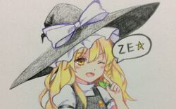  ;d blonde_hair blush braid colored_pencil_(medium) commentary female hat kirisame_marisa long_hair looking_at_viewer one_eye_closed open_mouth puffy_short_sleeves puffy_sleeves short_sleeves side_braid single_braid smile solo star_(symbol) touhou traditional_media turtleneck vest witch_hat yellow_eyes yururi_nano ze_(phrase) 