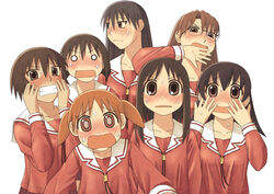  azumanga_daiou black_hair blush brown_eyes brown_hair clenched_teeth glasses hair_between_eyes hotaryuso kagura_(azumanga_daiou) kaori_(azumanga_daiou) kasuga_ayumu long_hair mihama_chiyo mizuhara_koyomi multiple_girls o_o sakaki school_uniform short_hair short_twintails sweat takino_tomo teeth twintails 