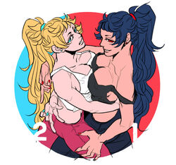  2girls alternate_color blue_eyes blue_hair breast_press breasts circle cleavage collarbone commentary_request dual_persona earrings high_ponytail hug jewelry kogashirou large_breasts long_hair multiple_girls nail_polish off_shoulder original parted_lips player_2 red_eyes red_nails smirk stud_earrings tank_top v 