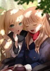  2girls :d :o bad_id bad_pixiv_id blonde_hair blurry blush chiko_(d04099) closed_eyes depth_of_field dress green_eyes kekkai_sensen long_hair michella_watch multiple_girls open_mouth smile tree_shade twintails white_(kekkai_sensen) 