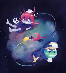  2boys chuno commentary_request crescent cup green_hair handheld_game_console kantetsu long_hair mug multiple_boys nintendo_3ds photoshop_(medium) red_eyes red_hair sharp_teeth short_hair star_(symbol) tail teeth tetsuya_(youkai_watch) upside-down youkai_(youkai_watch) youkai_watch 