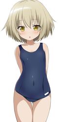  absurdres arms_behind_back bad_id bad_twitter_id brown_eyes brown_hair chestnut_mouth covered_navel female highres kaneshiro_sora old_school_swimsuit one-piece_swimsuit open_mouth school_swimsuit shimejinameko short_hair solo swimsuit tenshi_no_3p! 