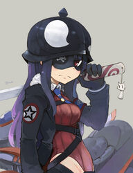  breasts coat commentary_request eyepatch female frown fur_trim gloves helmet highleg highleg_leotard kannasetsuna leotard long_hair lowleg lowleg_pants mask medium_breasts necktie pants photoshop_(medium) pickelhaube plamja-sama purple_hair red_eyes red_leotard sekai_seifuku:_bouryaku_no_zvezda shikabane_itsuka solo sword weapon 