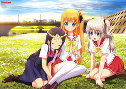  3girls absurdres ankle_boots antenna_hair arm_support black_hair black_legwear blonde_hair blue_eyes blush boots bow bowtie breasts bridge building buttons charlotte_(anime) closed_eyes cloud day dress field flower full_body grass grey_hair hair_flower hair_ornament hair_ribbon hair_tie hairclip happy head_wreath head_wreath_removed higashiji_kazuki highres holding hoshinoumi_academy_school_uniform inoue_katsue kato_chie kneehighs kneeling lamppost leaning leaning_forward light_smile loafers long_hair looking_at_another multiple_girls newtype nishimori_yusa official_art on_ground one_side_up open_mouth orange_hair otosaka_ayumi outdoors pleated_skirt railing red_skirt reflection ribbon satou_youko scan school_uniform seiza sekiguchi_kanami serafuku shirt shoes short_sleeves sidelocks sitting skirt sky sleeping small_breasts smile socks stairs sugawara_mika sunrise thighhighs tomori_nao tree two_side_up very_long_hair water wavy_hair white_legwear yokozuwari zettai_ryouiki 