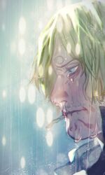  1boy blonde_hair blue_eyes cigarette closed_mouth commentary_request crying crying_with_eyes_open curly_eyebrows facial_hair from_side highres lights looking_down male_focus muyukikiyoshi11521 one_piece outdoors rain sanji_(one_piece) snot solo tears wet wet_face wet_hair 