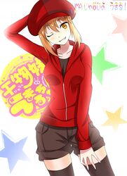  black_shorts black_thighhighs brown_eyes brown_hair collarbone commentary doma_umaru female grin guanghe_zuoyong_de_de_yezi hat himouto!_umaru-chan long_hair one_eye_closed red_hat red_sweater shorts smile solo star_(symbol) sweater thighhighs 