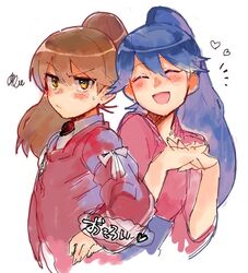  2girls :d alternate_hairstyle bad_id bad_twitter_id blue_hair blush brown_eyes brown_hair closed_eyes commentary_request hair_between_eyes hand_on_own_hip heart houshou_(kancolle) interlocked_fingers japanese_clothes kantai_collection kariginu kimono long_sleeves magatama matching_hairstyle multiple_girls open_mouth pink_kimono ponytail ribbon-trimmed_sleeves ribbon_trim ryuujou_(kancolle) simple_background smile squiggle sweatdrop swept_bangs tamawo_(mu_gi2) upper_body white_background 