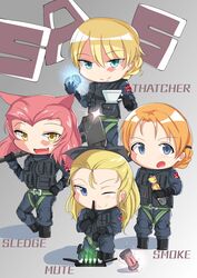  4girls :3 :d animal_ears assam_(girls_und_panzer) black_footwear black_gloves black_jacket black_pants black_ribbon black_vest blue_eyes boots braid brown_eyes cat_ears character_name chibi commentary_request cup darjeeling_(girls_und_panzer) diffraction_spikes finger_to_mouth girls_und_panzer gloves gradient_background grey_background hair_pulled_back hair_ribbon highres holding holding_weapon jacket kemonomimi_mode kshimu letter multiple_girls mute_(rainbow_six_siege) oerba_yun_fang on_one_knee open_mouth orange_hair orange_pekoe_(girls_und_panzer) over_shoulder pants parted_bangs rainbow_six_siege red_hair ribbon rosehip_(girls_und_panzer) shadow short_hair shushing sledge_(rainbow_six_siege) smile smoke_(rainbow_six_siege) special_air_service standing standing_on_one_leg tactical_clothes teacup thatcher_(rainbow_six_siege) tied_hair twin_braids union_jack vest weapon weapon_over_shoulder 