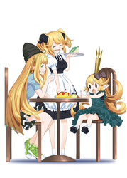  3girls :o aletta alternate_costume apron beanie blonde_hair bow cagliostro_(granblue_fantasy) charlotta_(granblue_fantasy) closed_eyes color_connection commentary contemporary crown demon_horns dress food granblue_fantasy grin hair_color_connection hairbow hat horns isekai_shokudou long_hair multiple_girls o_(rakkasei) okosama_lunch omelet omurice open_mouth photoshop_(medium) polka_dot polka_dot_dress pudding saliva sandwich smile tray very_long_hair waitress 