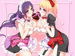  2girls ayase_eli bad_id bad_pixiv_id blonde_hair blue_eyes breasts candy chocolate food garter_straps green_eyes heart heart-shaped_chocolate huge_breasts large_breasts long_hair love_live! love_live!_school_idol_project maid maid_headdress minamon_(vittel221) mogyutto_&quot;love&quot;_de_sekkin_chuu! multiple_girls ponytail purple_hair tojo_nozomi valentine 