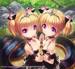  2girls bikini bikini_top_only blonde_hair breasts bridgeless_bra character_request choker commentary_request company_name copyright_name crystal foreshortening gem holding_hands interlocked_fingers jewelry kankurou lace lace_choker lamia looking_at_viewer monster_collection monster_girl multiple_girls official_art photoshop_(medium) purple_eyes ribbon short_hair siblings sisters skirt small_breasts smile swimsuit tail tiara twins twintails 