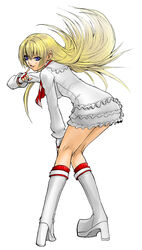  ascot bad_id bad_pixiv_id blonde_hair blue_eyes boots erugiza female fingerless_gloves full_body gloves grin hand_on_own_knee high_heels hime_cut knee_boots kneehighs leaning_forward lili_(tekken) long_hair looking_at_viewer looking_back smile socks solo tekken white_background 