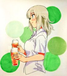  alcohol beer blue_eyes casual closed_mouth commentary cropped_torso cup dress_shirt drinking_glass fanta_(the_banana_pistols) female from_side froth girls_und_panzer grey_hair highres holding holding_cup itsumi_erika light_blush long_hair scan shirt short_sleeves smile solo standing upper_body white_shirt 