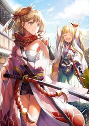  2girls architecture arms_up bad_id bad_twitter_id bike_shorts blonde_hair commentary dango day djeeta_(granblue_fantasy) east_asian_architecture eating flower food granblue_fantasy hadanugi_dousa hair_flower hair_ornament hakama hakama_skirt japanese_clothes katana kengo_(granblue_fantasy) kimono mirin_(granblue_fantasy) multiple_girls open_clothes open_kimono sarashi scarf skirt sky sword wagashi weapon yumekui 