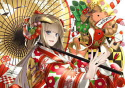  bamboo bell bird blonde_hair blunt_bangs boar carp chinese_zodiac commentary_request crane_(animal) female fish floral_print flower food grey_hair hair_flower hair_ornament hair_stick highres holding holding_umbrella horns japanese_clothes kadomatsu kagami_mochi kimono kine long_hair long_sleeves looking_at_viewer mallet mochi mochi_trail mochitsuki nail_polish new_year obi oil-paper_umbrella open_mouth original partial_commentary pinky_out pirapirapirapira red_lips red_nails rope sash shimekazari shimenawa smile talisman umbrella upper_body wide_sleeves year_of_the_pig 