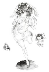  animal_ears black_hair blush bunny_ears carrot carrot_necklace chibi colored_pencil_(medium) dual_persona eyes female graphite_(medium) highres inaba_tewi jewelry looking_at_viewer mary_janes monochrome necklace oerba_yun_fang open_mouth oshake pencil_crayon_(medium) puffy_sleeves shirt shoes short_hair short_sleeves simple_background skirt smile solo touhou traditional_media v white_background 