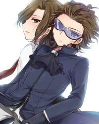  2boys ascot brown_hair coat commentary_request dual_persona gloves green_eyes gundam gundam_build_fighters hoshihuri long_coat long_sleeves meijin_kawaguchi multiple_boys necktie short_hair sunglasses yuuki_tatsuya_(gundam_bf) 