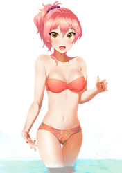  bad_id bad_pixiv_id bandeau bikini blush bow breasts cowboy_shot eyelashes female furururu highres idolmaster idolmaster_cinderella_girls jougasaki_mika looking_at_viewer medium_breasts nail_polish navel oerba_yun_fang open_mouth pink_hair ponytail scrunchie shiny_skin smile solo swimsuit thigh_gap wading white_background yellow_eyes 