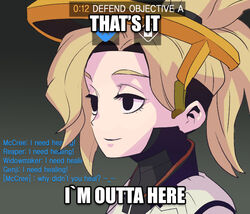  black_eyes blonde_hair closed_mouth commentary empty_eyes english_text eyebrows female gameplay_mechanics hair_ornament hair_tie halo image_macro_(meme) korean_commentary lowered_eyelids mechanical_halo meme mercy_(overwatch) overwatch overwatch_1 phantom_ix_row photoshop_(medium) ponytail portrait smile solo text_focus truth turtleneck 