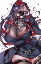  absurdres black_gloves black_hair black_jacket black_nails breasts commentary_request female fingerless_gloves gloves goddess_of_victory:_nikke hat_iue highres jacket large_breasts looking_at_viewer maiden_(nikke) mask mouth_mask petals red_eyes rose_petals solo thighs white_background 